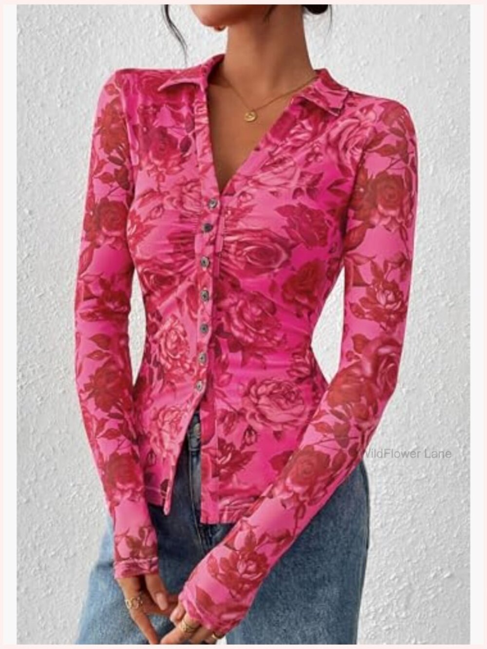 Women's Button Down Floral Mesh Blouse V Neck Long Sleeve Boho Top - Picture 4 of 7